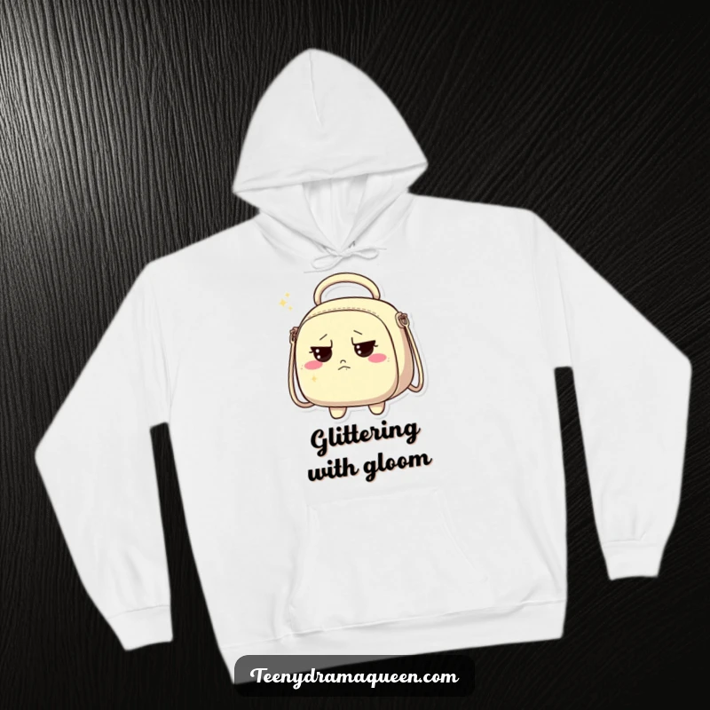 Funny hooded sweatshirt featuring a sparkly handbag character with a discontented expression, perfect for cozy sass.