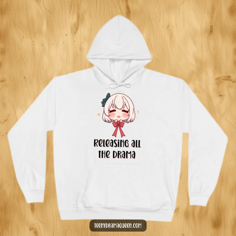 Funny hoodie featuring a character dramatically sighing with a pouty lip while releasing a ribbon, designed for maximum comedic comfort.