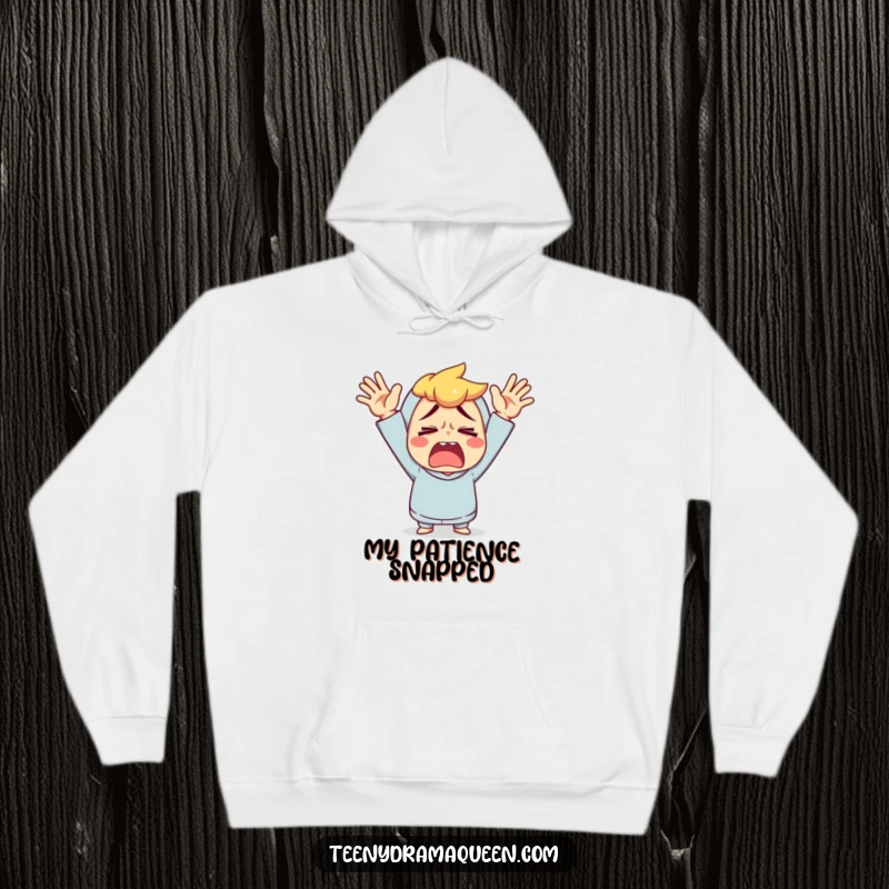 Funny hoodie featuring a character in a dramatic pose of exaggerated exasperation, hands thrown up.