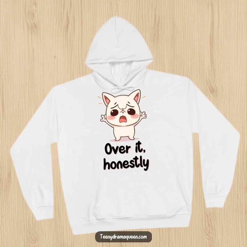 Funny hoodie showcasing a kawaii character in a state of extreme exasperation, with hands thrown up in a gesture of giving up.
