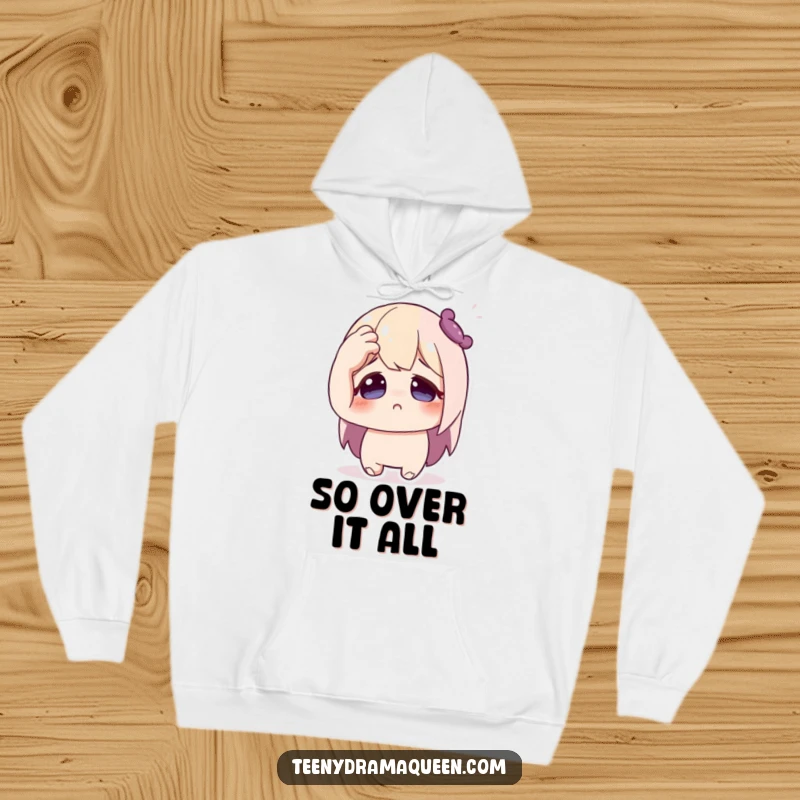 Funny hoodie showcasing a cute character in a hilariously faint-induced pose, hand to forehead, eyes wide with comical distress.