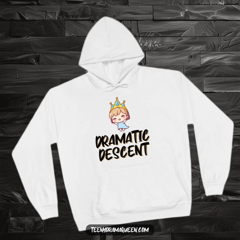 Funny hoodie design of a small crowned character dramatically falling. Offers warmth and a humorous nod to life's theatrical moments.
