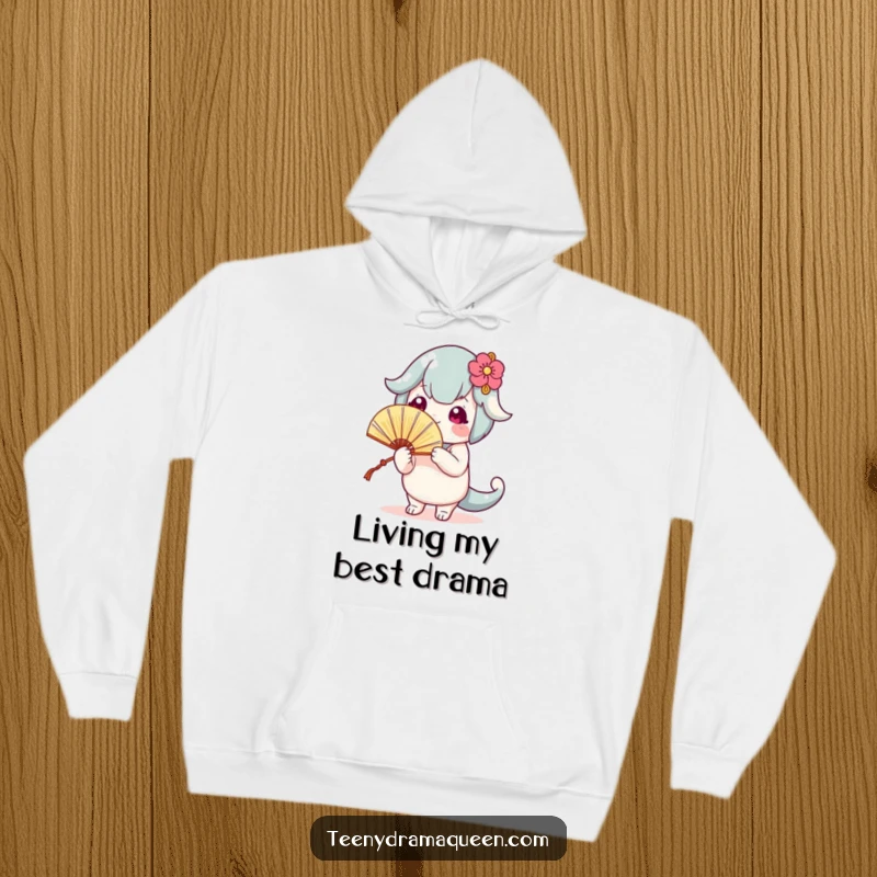 Funny hoodie showcasing a cute character fanning itself dramatically, perfect for someone who enjoys exaggerated reactions to heat.