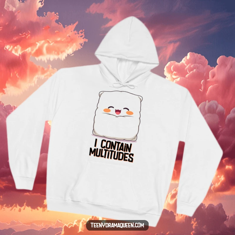 Funny hoodie depicting a giggling, overstuffed pillow character looking comically large and happy inside its case, perfect for cozy laughs.