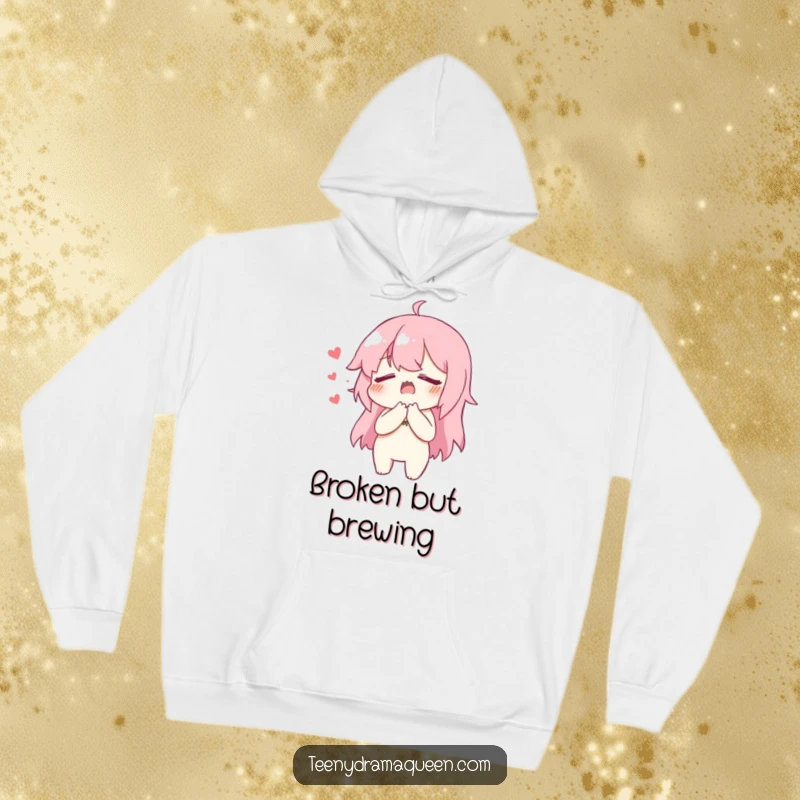 Funny Hoodie print of a character dramatically clutching its chest, faking heartbreak with humorous theatricality.