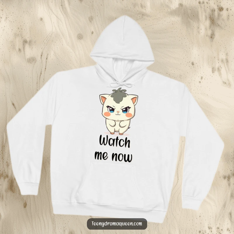 Funny hoodie featuring a character with a mischievous glint, about to stir up some innocent trouble, designed for cozy mischief.