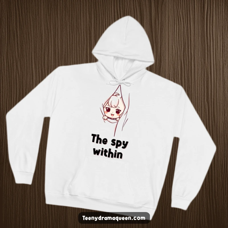 Funny hoodie featuring a character peeking from behind a curtain with a sly, mischievous smirk.