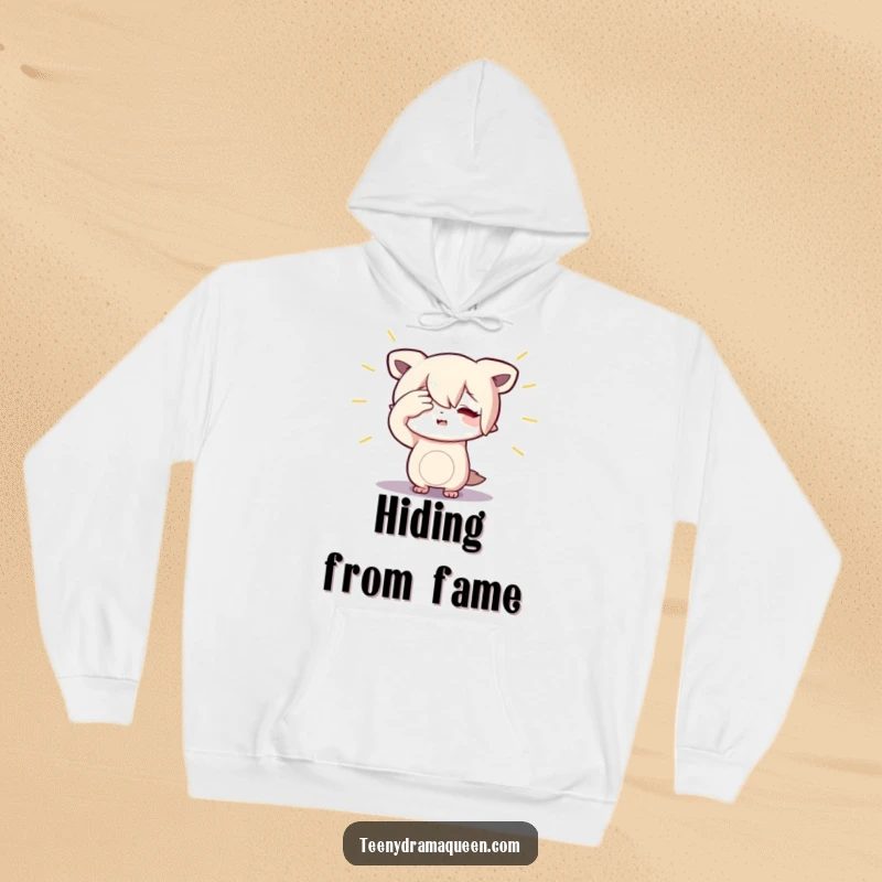 Funny Character Hoodie: Comfortable sweatshirt featuring a small figure dramatically shielding their eyes from an imaginary spotlight.