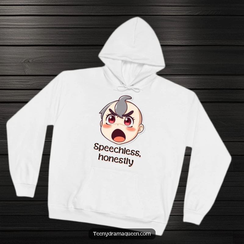 Funny hoodie depicting a character's face in extreme surprise, eyes wide, mouth open in a humorous, dramatic gasp.