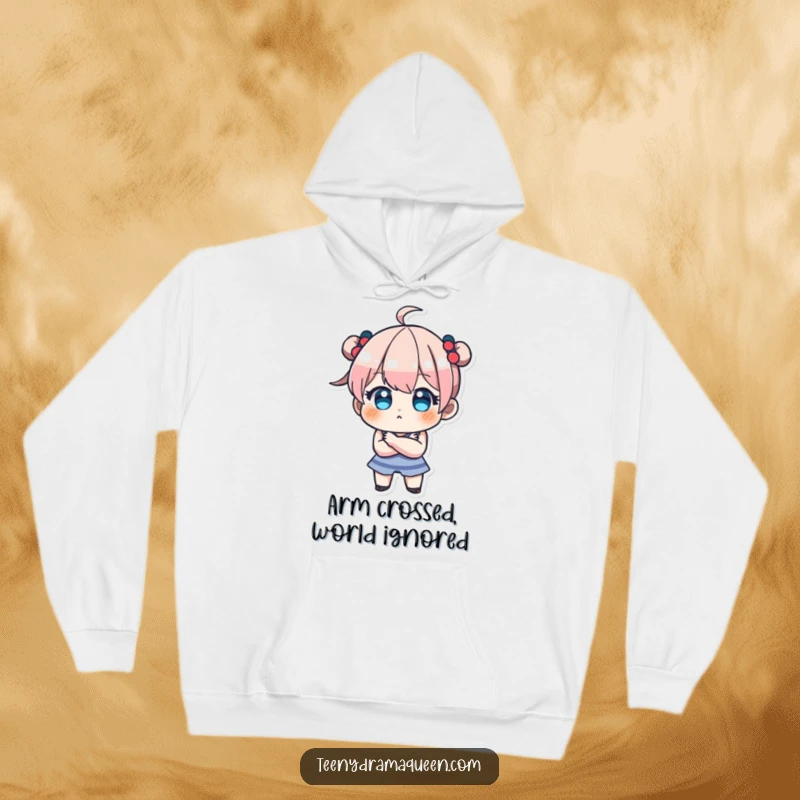 Funny hoodie featuring a teeny character pouting with crossed arms, ideal for cozying up while embracing adorable stubbornness.