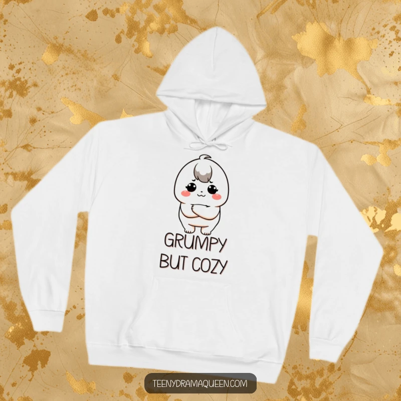 Funny hoodie showcasing a kawaii character aggressively crossing its arms with a dramatic pout, a funny gift for grumps.
