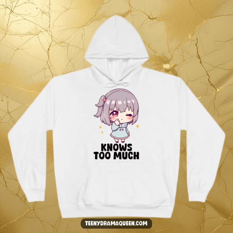 Funny hoodie with a character sharing secrets and a conspiratorial wink, perfect for staying warm while plotting humorous schemes.