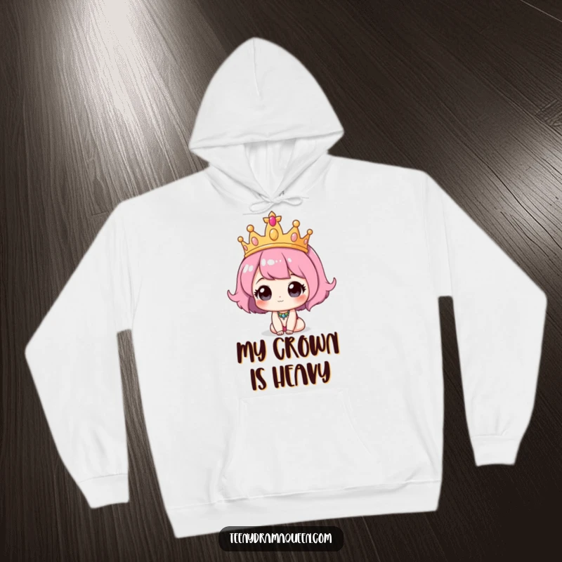 Funny Tiara Hoodie: A cute character adorned with a ridiculously large tiara, offering cozy royal vibes.