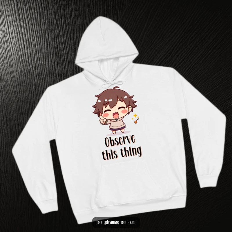 Funny hoodie showcasing an excited character dramatically pointing with emphasis, capturing a moment of enthusiastic discovery.