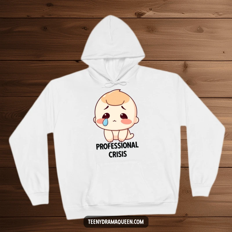 Funny hoodie depicting a character with one poignant, rolling tear, symbolizing humorous melancholy, perfect for a cozy and funny experience.