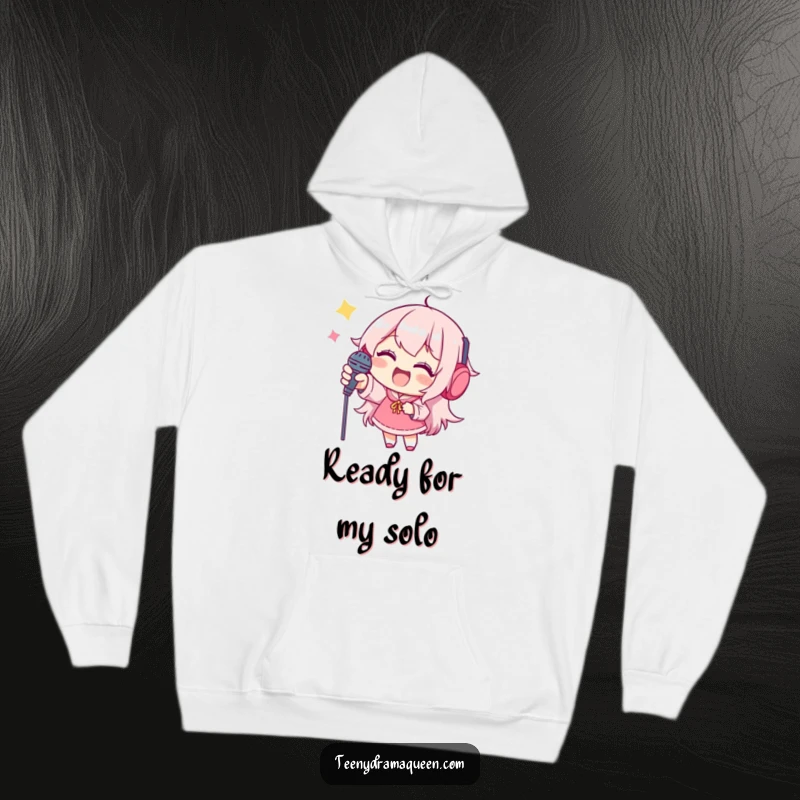 Funny hoodie, a joyful character eagerly reaching for a miniature microphone, symbolizing ambition and fun.