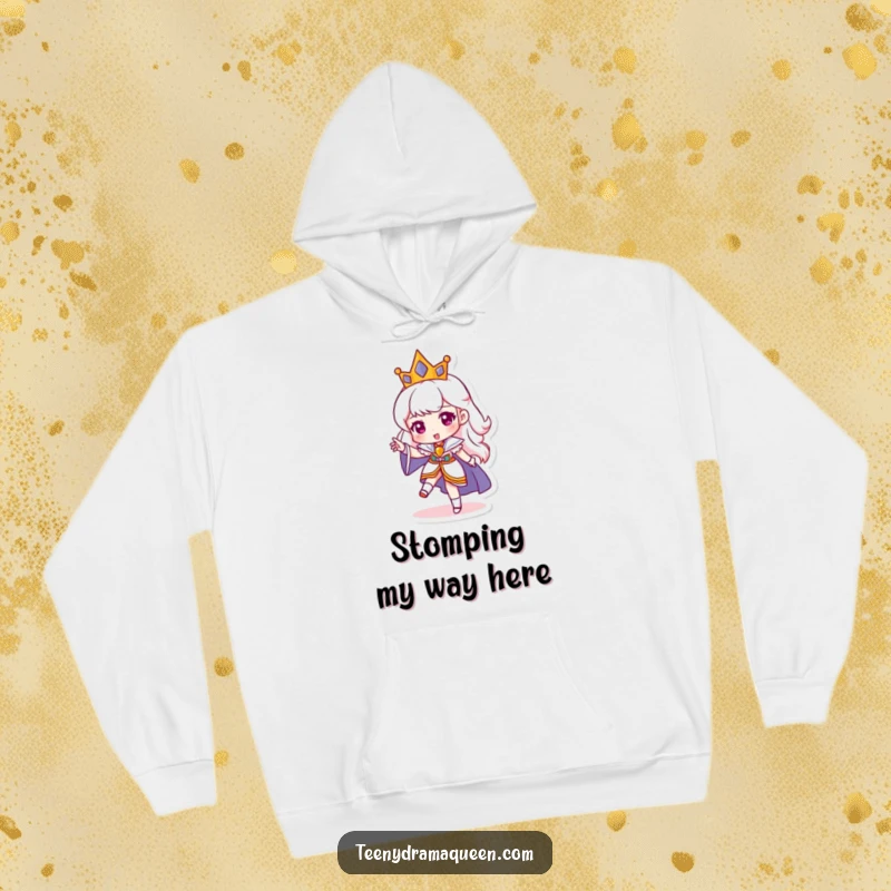Funny hoodie featuring a miniature queen character stomping her foot, offering a humorous and cozy way to express royal displeasure. Ideal funny gift.