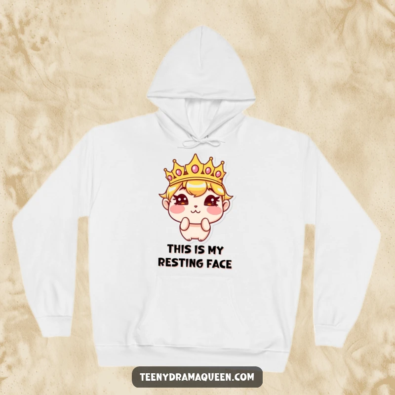 Funny hoodie featuring a sassy crown character pouting with puffed cheeks, offering cozy humor and a touch of royal sass. Ideal funny gift.