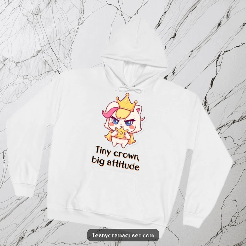 Funny hoodie featuring a small character clutching a sparkly crown with a determined, haughty glare, perfect for royalty.