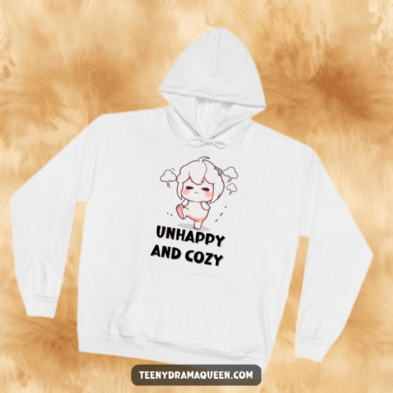 Funny Hoodie print of a character stomping its foot with a pout, surrounded by tiny storm clouds, a humorous representation of a bad mood.