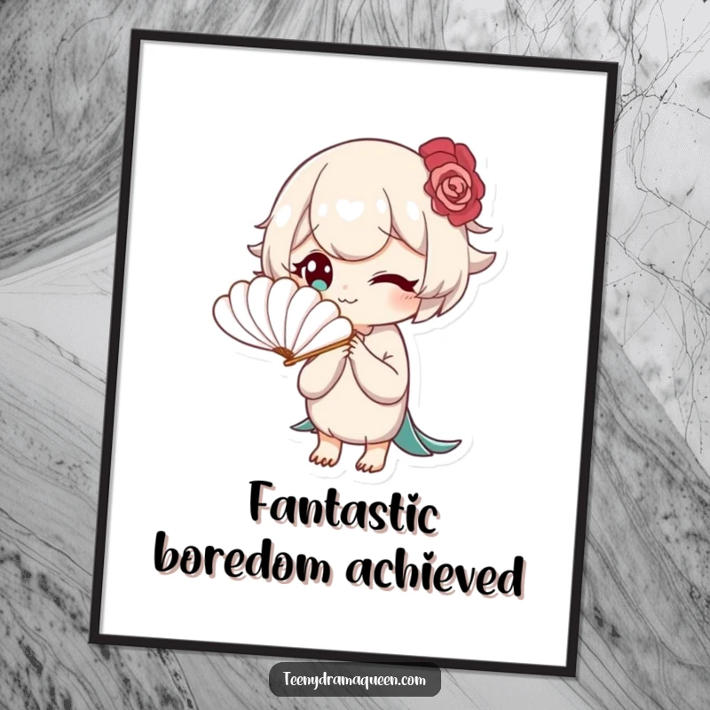 Funny Free Printable Wall Art: Character elegantly fans herself with a miniature feather fan, looking utterly bored, creating humorous wall decor.