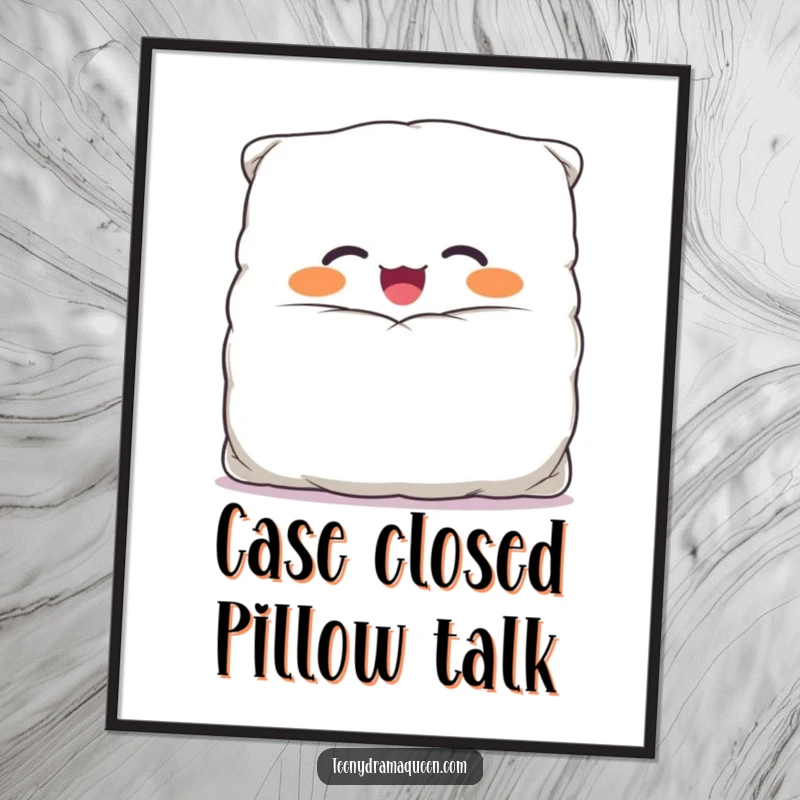 Funny free printable wall art of a giggling, overstuffed pillow character with a comically large case, bringing playful energy to any space.