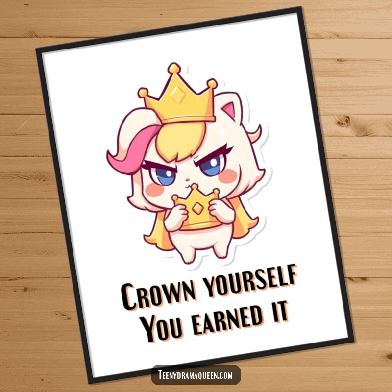 Funny Free Printable Wall Art: Haughty character clutches tiny crown, exuding power and sass on your wall.