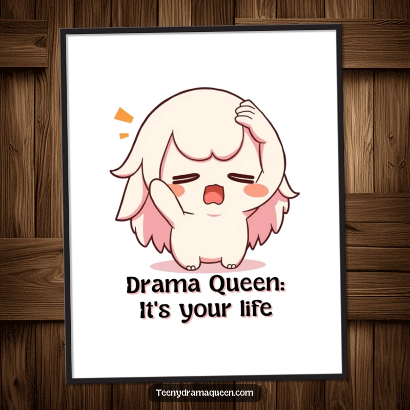 Funny Free Printable Wall Art: Kawaii character dramatically swooning with a hand on its forehead, a humorous and expressive piece.