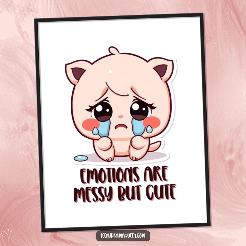 Free Printable Wall Art: Kawaii character looking incredibly sad with huge eyes, crying tiny but noticeable tears. Cute decor.