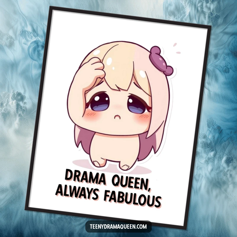 Funny Free Printable Wall Art: A character dramatically pretends to faint, hand to forehead with wide eyes, adding humor to any room.