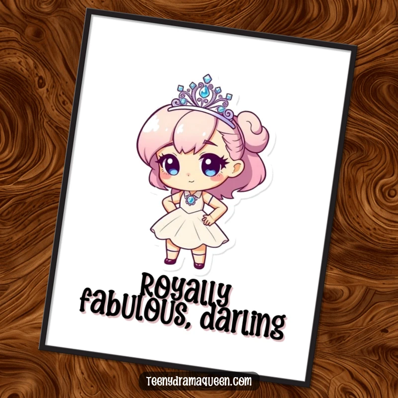 Funny Free Printable Wall Art: Tiny character in sparkly tiara, dramatic pose, hand on hip, glamorous decor.
