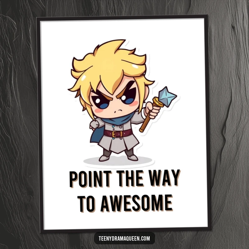 Funny Free Printable Wall Art: Miniature scepter character pointing an accusing finger with a stern, comical expression, judging the viewer.