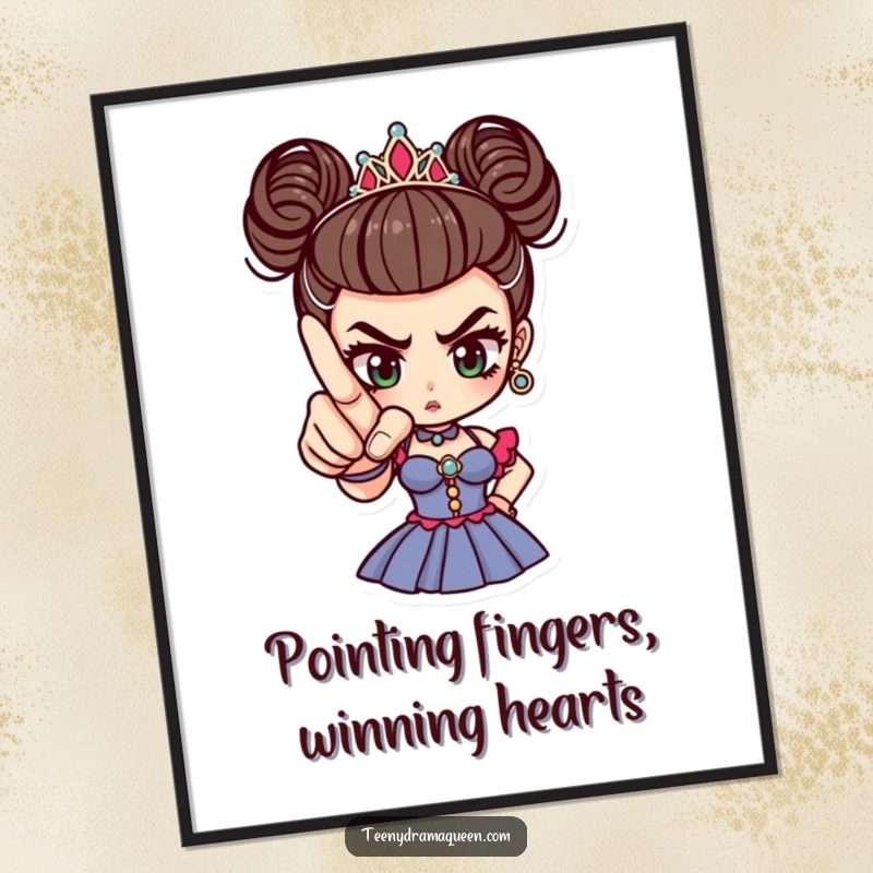 Funny Free Printable Wall Art: Tiny drama queen pointing accusingly with a perfectly manicured finger, demanding attention.
