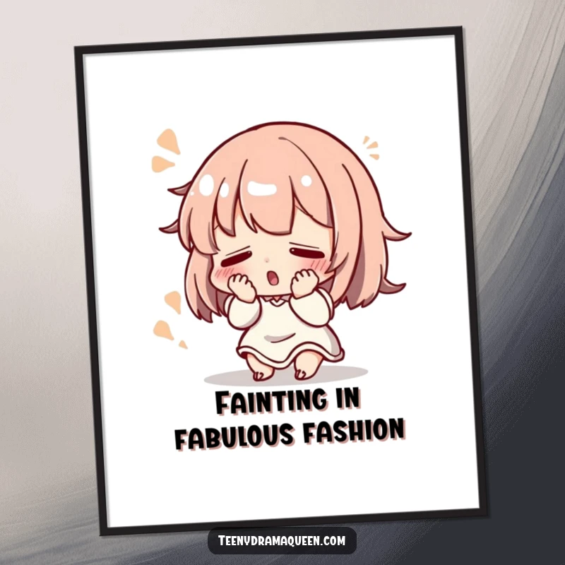 Funny Free Printable Wall Art: Small character dramatically fainting with a flourish. Humorous, downloadable art.