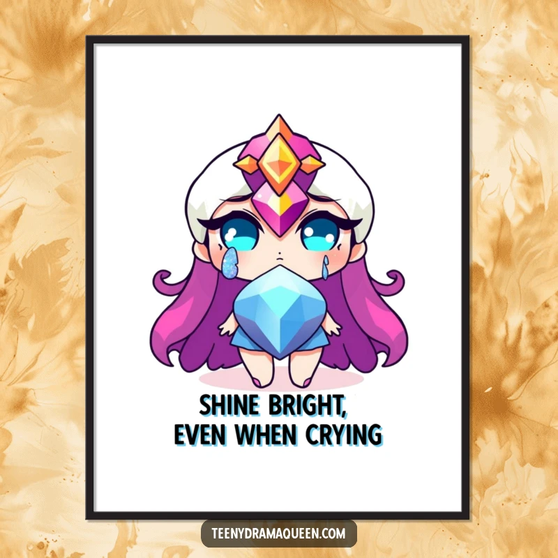 Funny Free Printable Wall Art: Dramatic jewel character shedding a large, glittery tear with an exaggerated, theatrical expression of emotion.