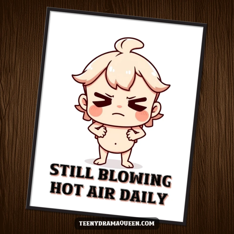 Funny Free Printable Wall Art: Character huffing, hands on hips, looking displeased, perfect for humorous downloadable decor.