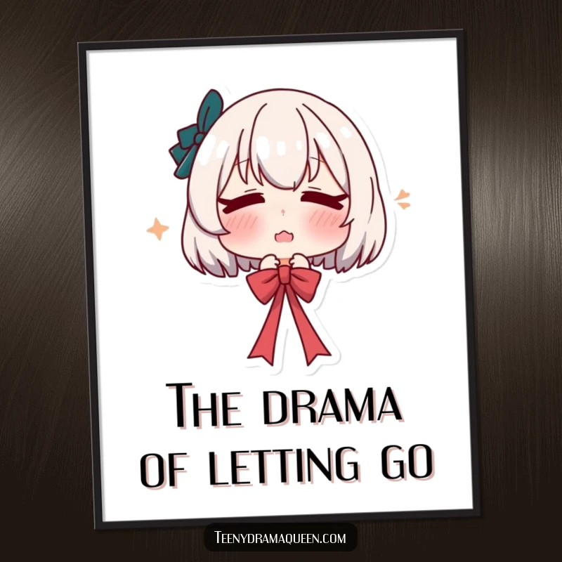 Funny Free Printable Wall Art: Character with a pouty lip dramatically sighs and lets go of a ribbon, creating humorous wall decor.