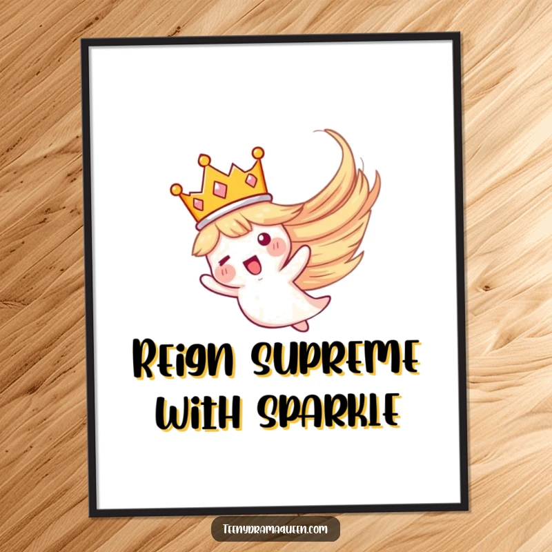 Funny Free Printable Wall Art: Small golden crown flying dramatically in a colorful whirlwind, a regal decor piece.