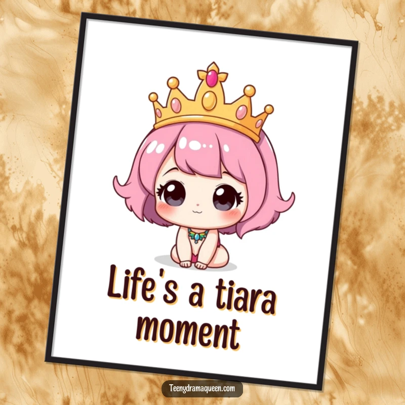 Funny Free Printable Wall Art: A cute character proudly wearing a comically oversized, sparkling tiara.