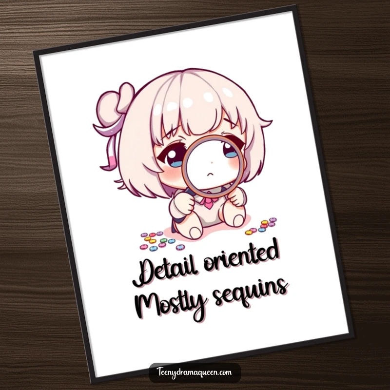 Funny Free Printable Wall Art: Character with a magnifying glass intently searching for a misplaced sequin, adding humor to your space.