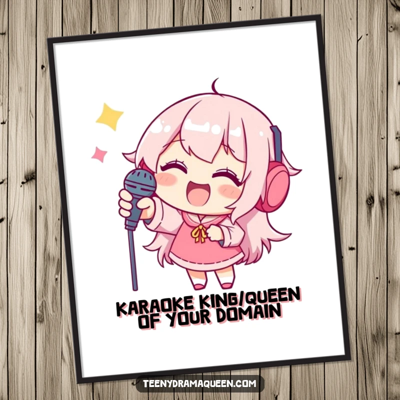 Funny Free Printable Wall Art: Joyful character passionately reaching for a tiny microphone, ready to sing.