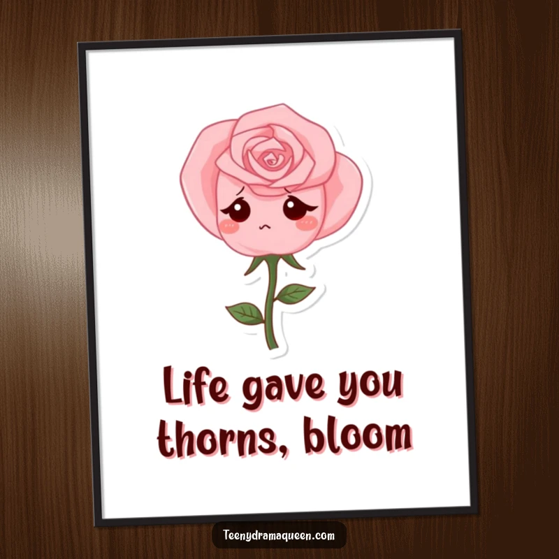 Funny Free Printable Wall Art: A small pink rose character with droopy petals looking sadly at the viewer, creating a whimsical effect.