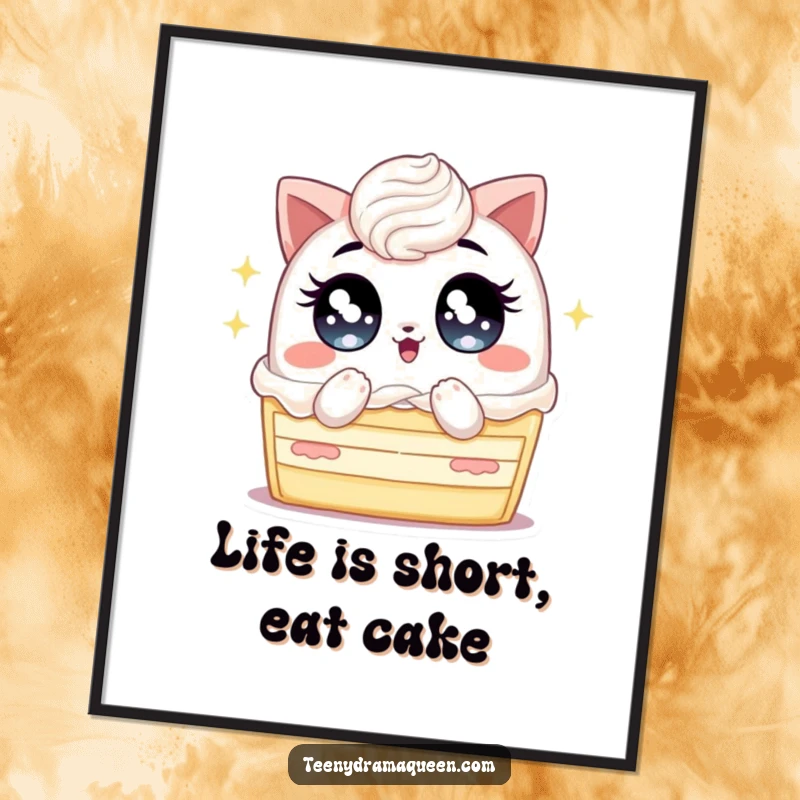 Funny Free Printable Wall Art: Piece of cake with huge sparkling eyes fanning itself intensely, a humorous decor piece.