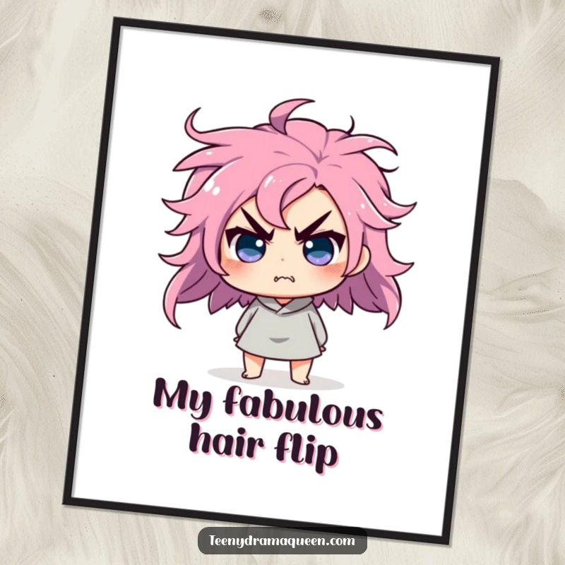 Funny Free Printable Wall Art: Character does a dramatic hair flip, looking affronted, exuding fierce style. Downloadable art.