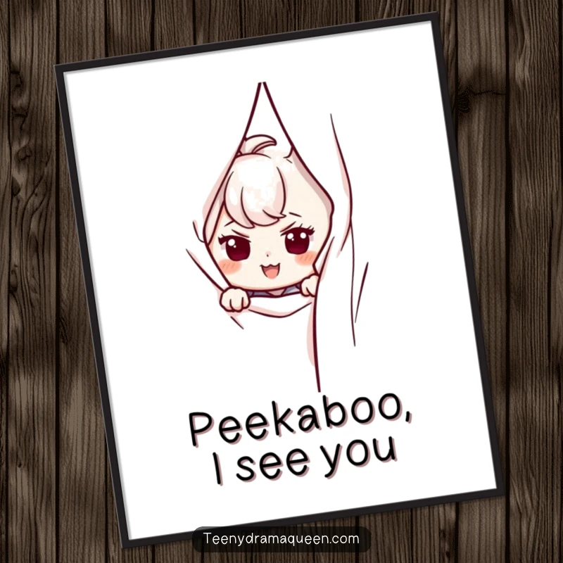 Funny Free Printable Wall Art: A character peeks from behind a curtain with a mischievous smirk, adding playful decor. Downloadable art.