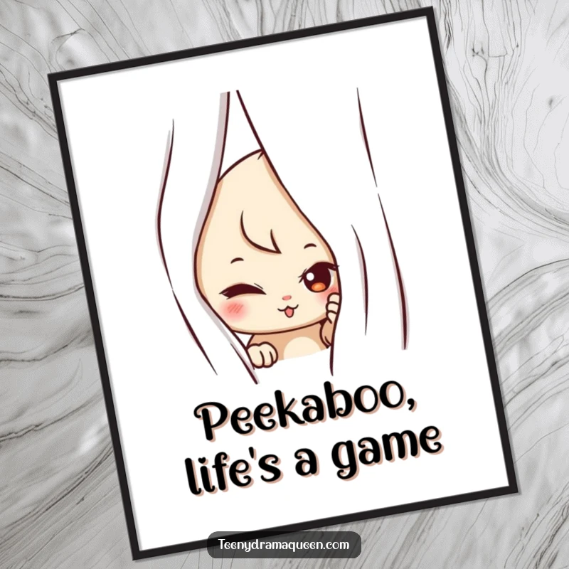 Funny Free Printable Wall Art: A mischievous character peeking out from behind a curtain, creating a sense of playful intrigue.