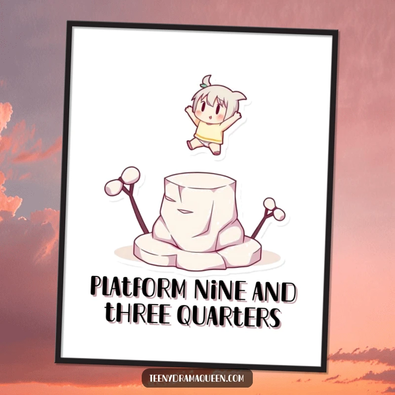 Funny Free Printable Wall Art: Small character dramatically leaping onto a tiny, elevated platform with a show-stopping flourish.
