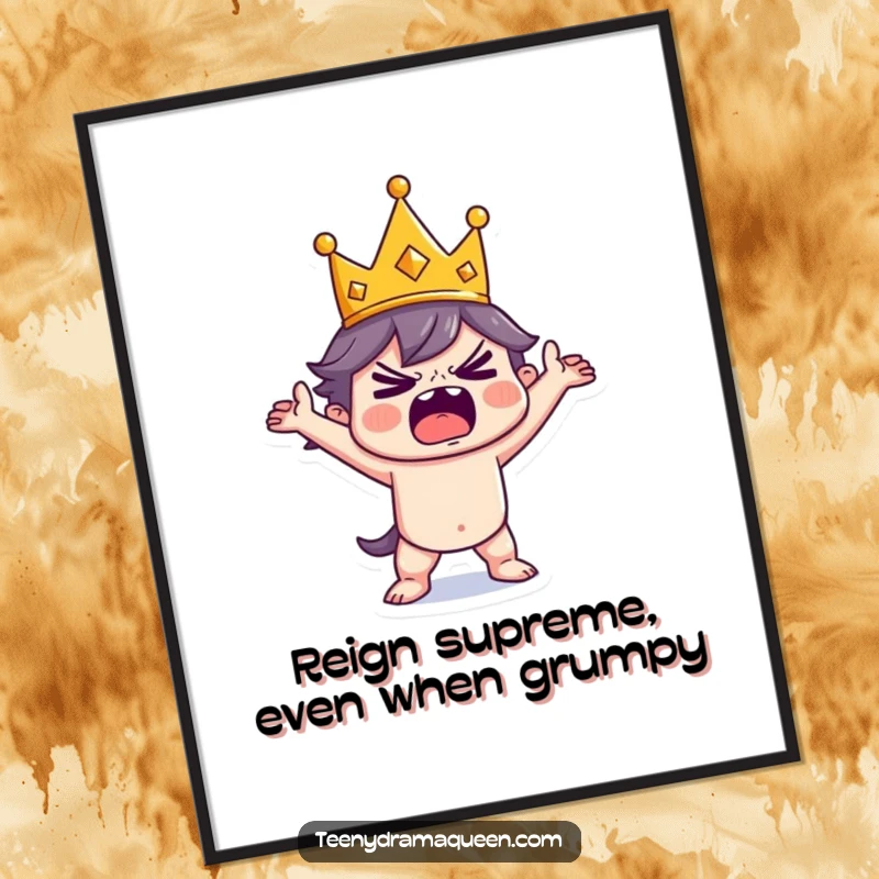 Funny Free Printable Wall Art: Tiny crowned ruler striking a dramatic tantrum pose, perfect for humorous downloadable decor.