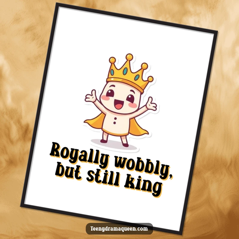 Funny Free Printable Wall Art: Tiny crown character with wobbly base performing a grand, sweeping gesture.