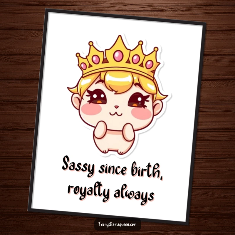 Funny Free Printable Wall Art: Sassy crown character pouting with cheeks puffed out, exuding playful defiance and quirky charm.
